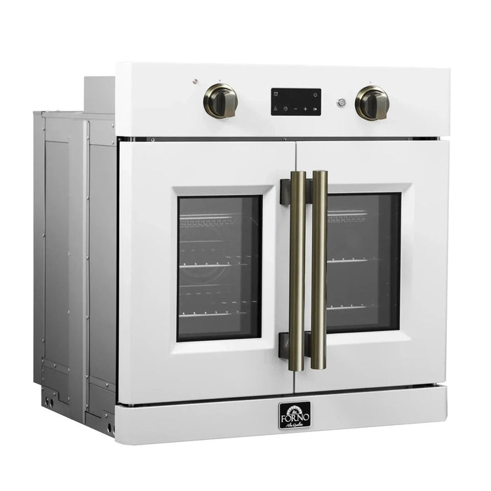 Forno Asti 30"French Door Electric Wall Oven in White with Antique Brass Trim, FBOEL1333-30WHT09K