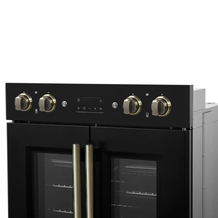 Forno Asti 30" Double Electric Wall Oven, Upper French Doors, Black with Antique Brass Trim, FBOEL1340-30BLK09K