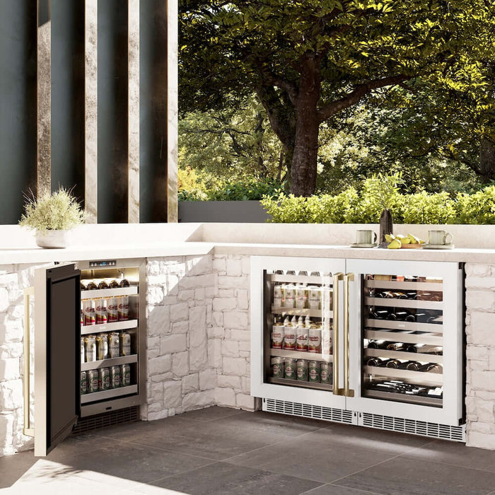 ZLINE 24" Touchstone 151 Can Beverage Fridge White Matte Glass Door Polished Gold Handle RBSOZ-WM-24-G09K