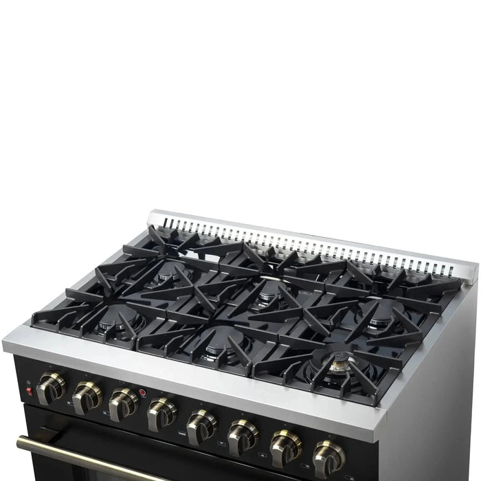 Forno Galiano Gold Professional - 36"Freestanding Dual Fuel Range Gas Stove, Electric Oven Black, Antique Brass Trim, FFSGS6156-36BLK09K
