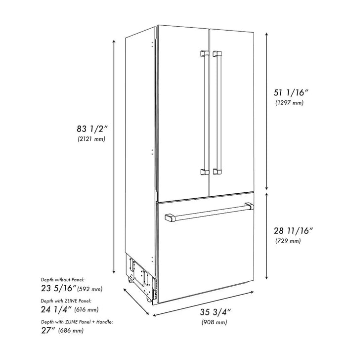 ZLINE 36" Built-In Bottom Freezer Refrigerator with Water Dispenser, Ice Maker, Black Stainless Steel, Graphite Gray Interior, Champagne Bronze GRBIVZ-BS-36-CB09K