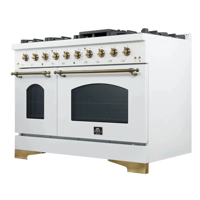 Forno Antico 48"Dual Range, 8 Gas Burner Cooktop, Electric Convection Oven White, Antique Brass Trim, FFSGS6113-48WHT09K
