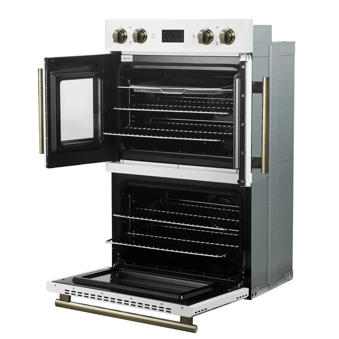 Forno Asti 30" Double Electric Wall Oven, Upper French Doors, White with Antique Brass Trim, FBOEL1340-30WHT09K