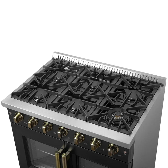Forno Galiano 36." French Door All Gas Range, Black, Antique Brass Trim,FFSGS6444-36BLK09K