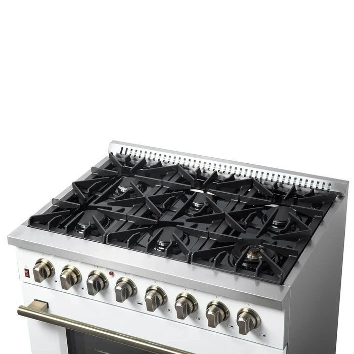 Forno Galiano Gold Professional - 36"Freestanding Dual Fuel Range Gas Stove, Electric Oven White, Antique Brass Trim, FFSGS6156-36WHT09K