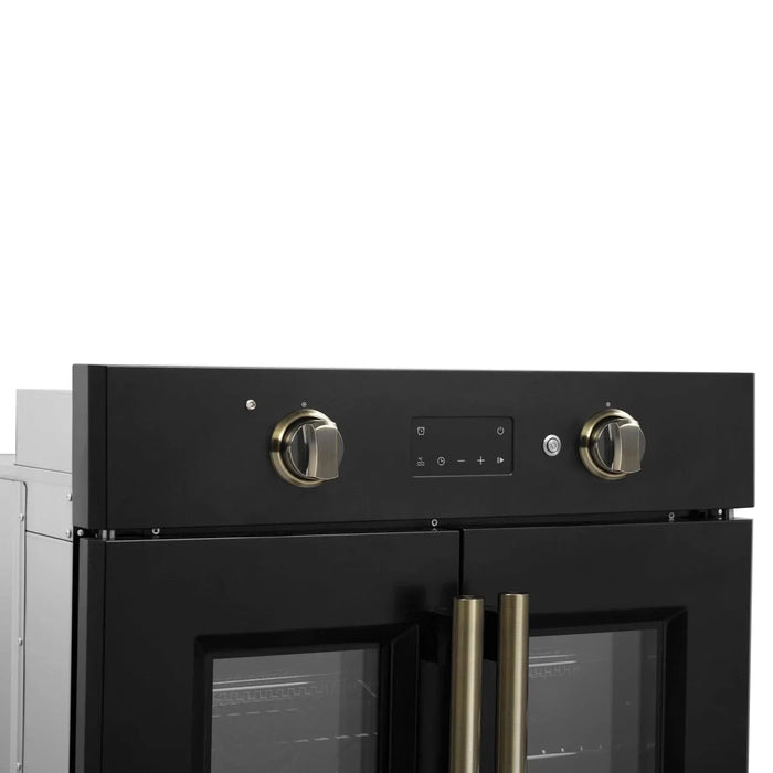 Forno Asti 30"French Door Electric Wall Oven in Black with Antique Brass Trim, FBOEL1333-30BLK09K