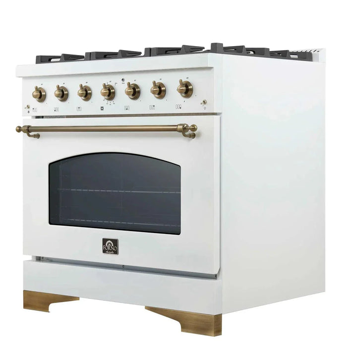 Forno Antico 36" Dual Fuel Range White and Antique Brass Design 6 Sealed Gas Burners Electric Convection Oven , FFSGS6113-36WHT09K