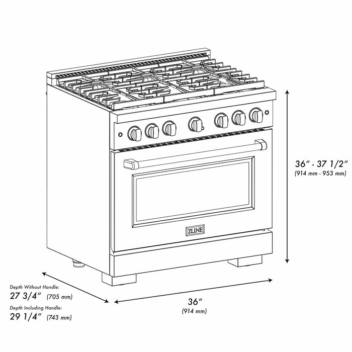 ZLINE 36"Paramount Dual Fuel Range DuraSnow® Black Matte, Champagne Bronze SDRSZ-BLM-36-CB09K