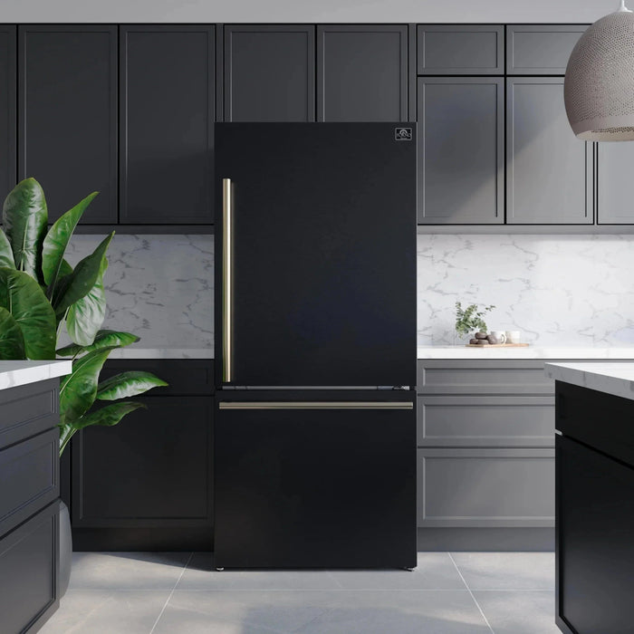 Forno Espresso Package - 30" Electric Range, Range Hood and Refrigerator in Black with Silver Handles FBDL-001-02US09K