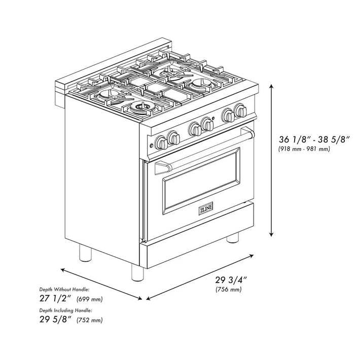 ZLINE 30" Professional Dual Fuel Range, White Matte Door, Griddle RA-WM-GR-3009K