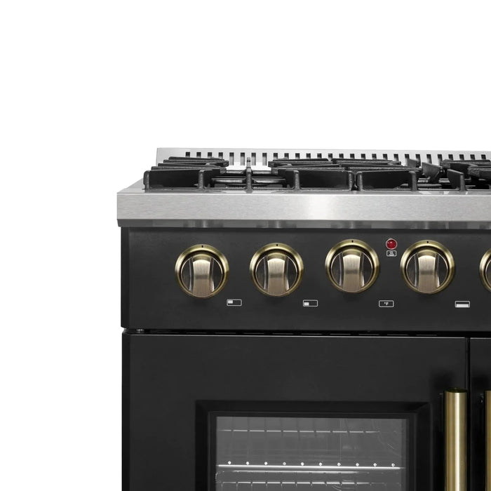 Forno Galiano 36"French DoorDual Fuel Range, Gas Stove, Electric Oven Black, Antique Brass Trim, FFSGS6356-36BLK09K