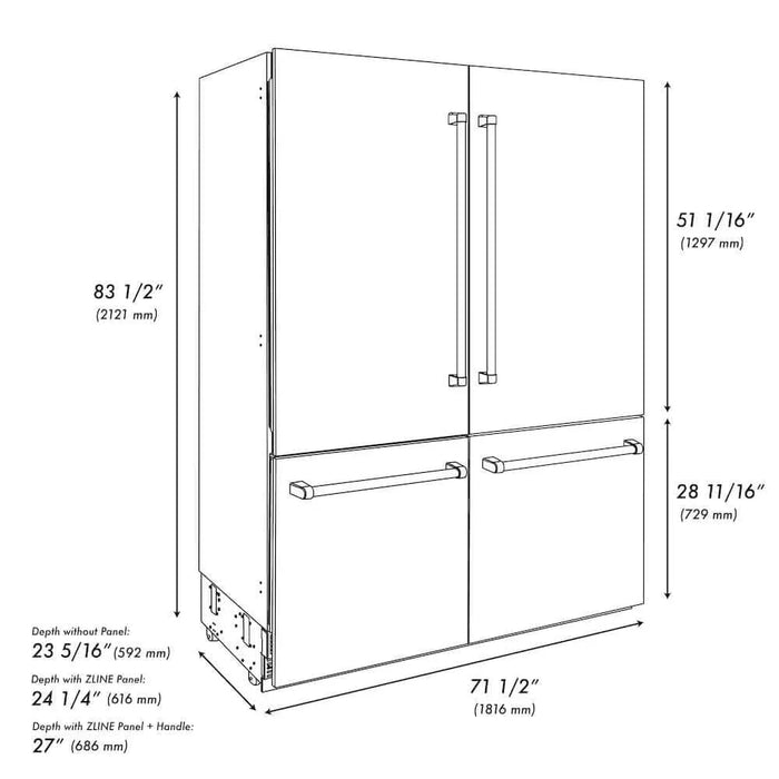 ZLINE 72" Built-In Bottom Freezer Refrigerator,Water Dispenser, Ice Maker,Graphite Gray Polished Gold GRBITZ-304-72G09K