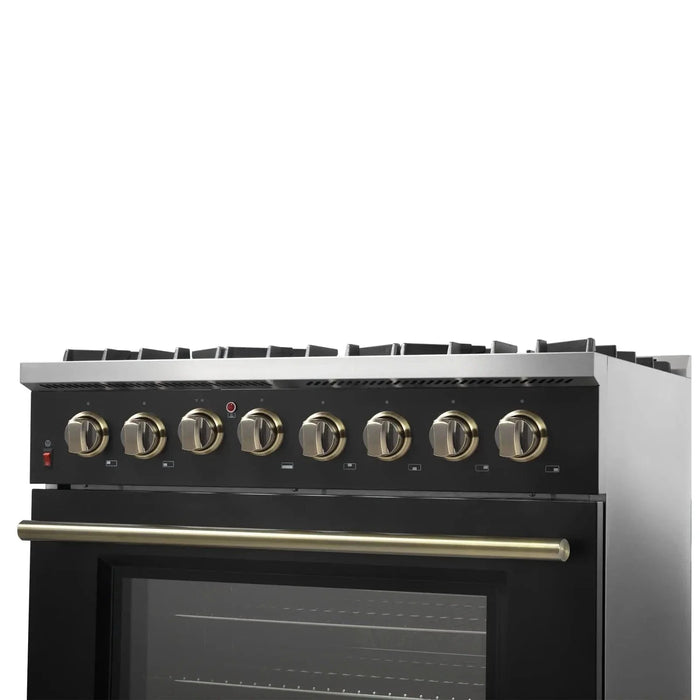 Forno Galiano Gold Professional - 36"Freestanding Dual Fuel Range Gas Stove, Electric Oven Black, Antique Brass Trim, FFSGS6156-36BLK09K