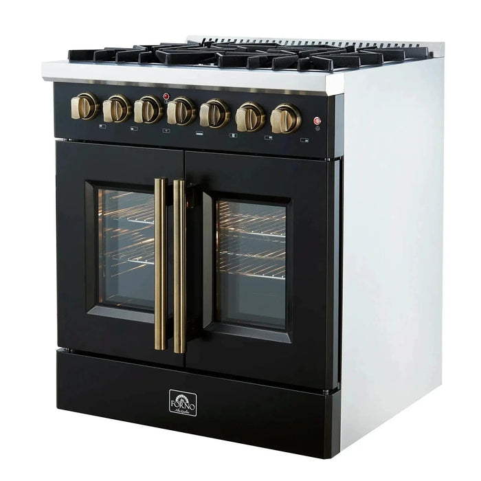 Forno Galiano 30"French Door Dual Fuel Range 5 Gas Burners, Electric Convection Oven Black, Antique Brass Trim, FFSGS6356-30BLK09K