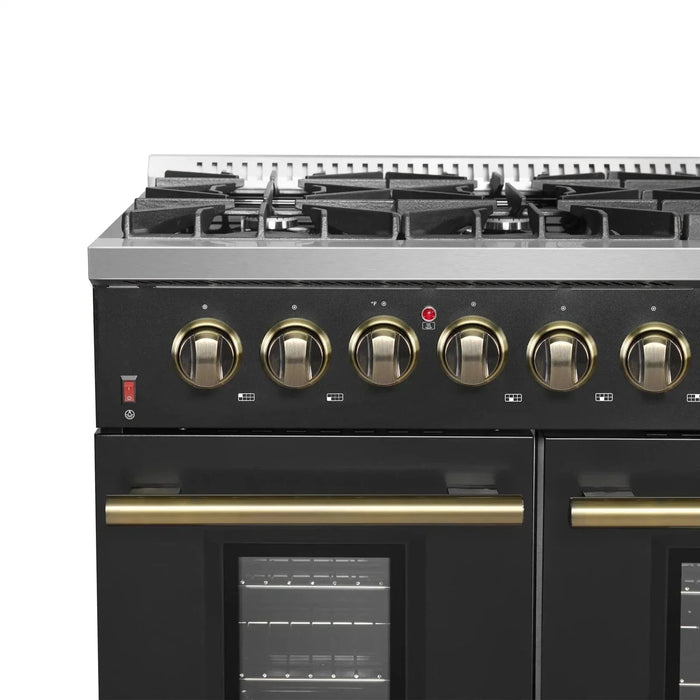 Forno Galiano 48"French Door Freestanding All Gas Range, Black with Antique Brass Trim, FFSGS6444-48BLK09K