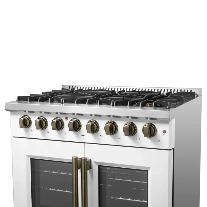 Forno Galiano 36"French DoorDual Fuel Range, Gas Stove, Electric Oven White, Antique Brass Trim, FFSGS6356-36WHT09K