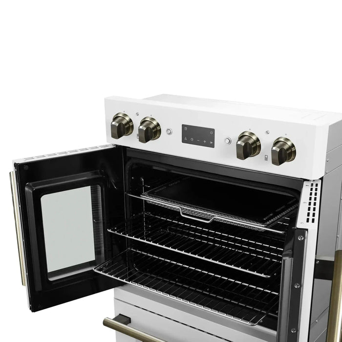 Forno Asti 30" Double Electric Wall Oven, Upper French Doors, White with Antique Brass Trim, FBOEL1340-30WHT09K