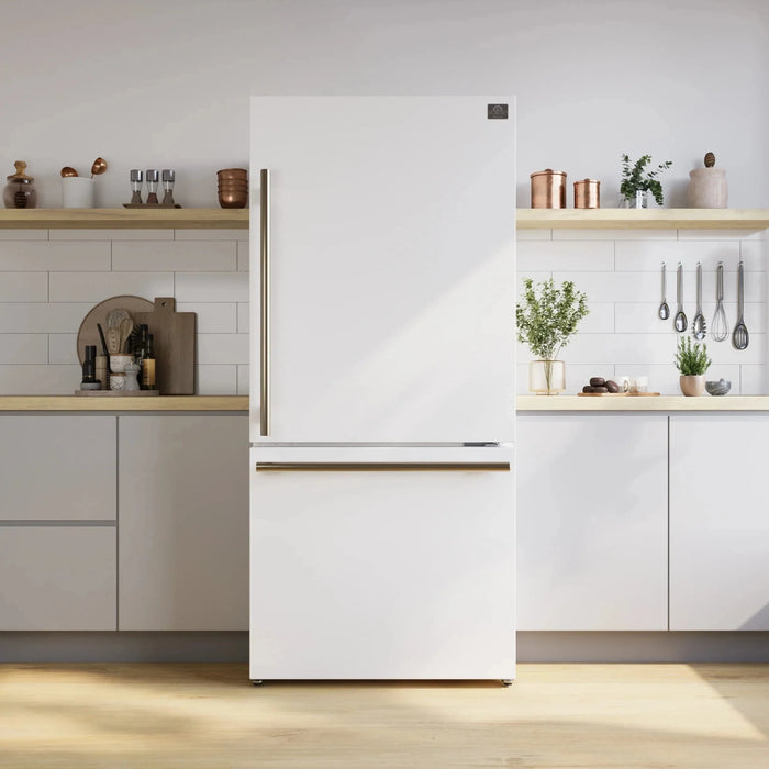 Forno Espresso Package - 30" Electric Range, Range Hood and Refrigerator in White with Silver Handles, FBDL-001-03US09K