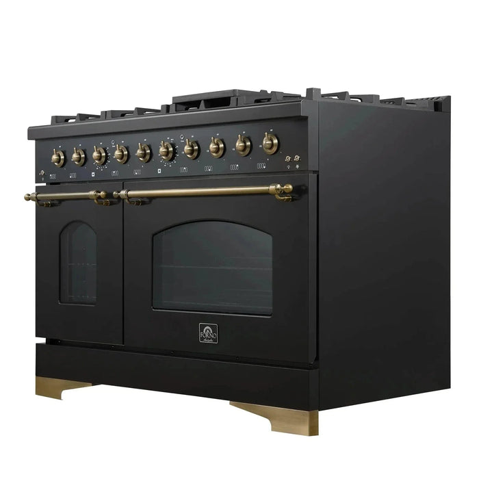Forno Antico 48"Gas Range 8 Gas Burner Cooktop, Gas Convection Oven Black, Antique Brass Trim, FFSGS6219-48BLK09K