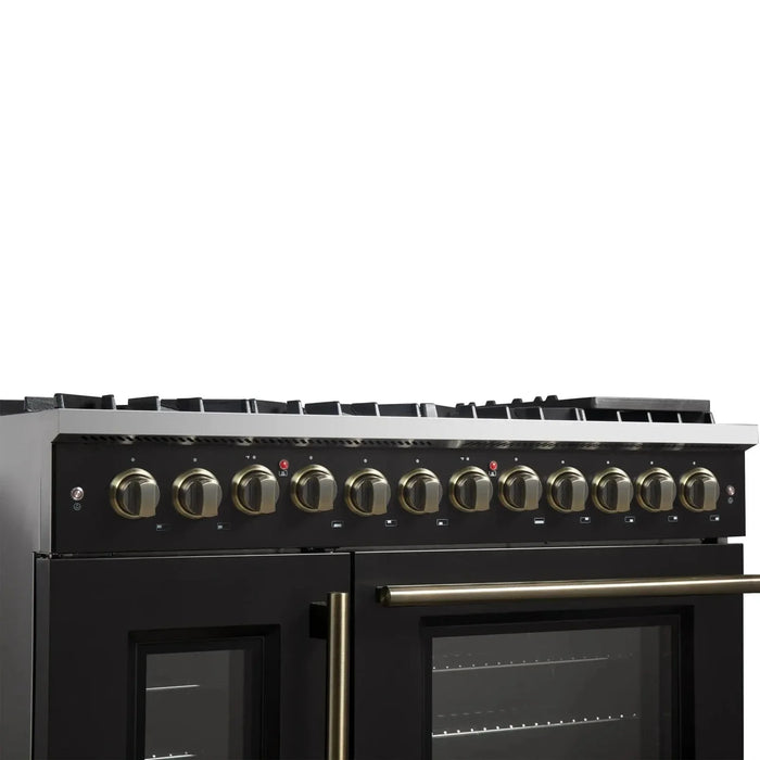 Forno Galiano 48" French Door Dual Fuel Range, 8 Burners, Electric Convection Oven, Black Antique Brass Trim, FFSGS6356-48BLK09K