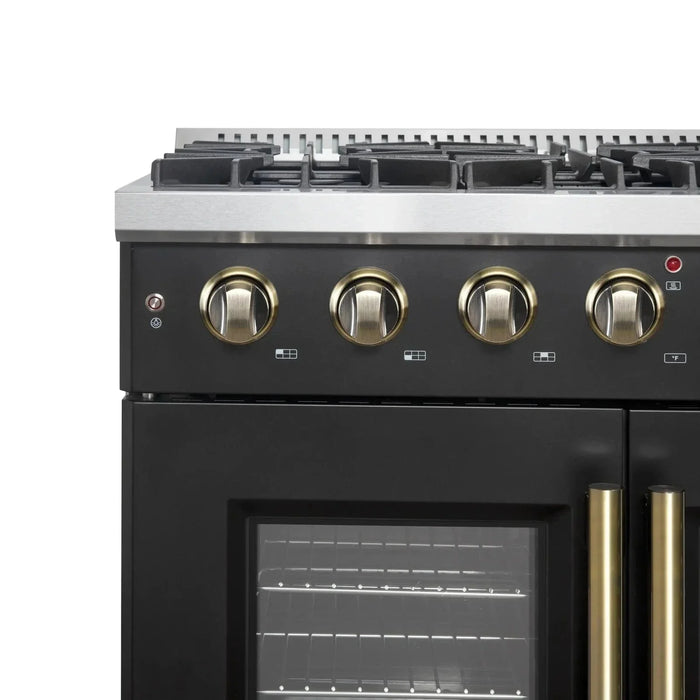Forno Galiano 36." French Door All Gas Range, Black, Antique Brass Trim,FFSGS6444-36BLK09K