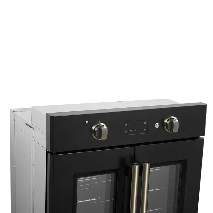 Forno Asti 30"French Door Electric Wall Oven in Black with Antique Brass Trim, FBOEL1333-30BLK09K