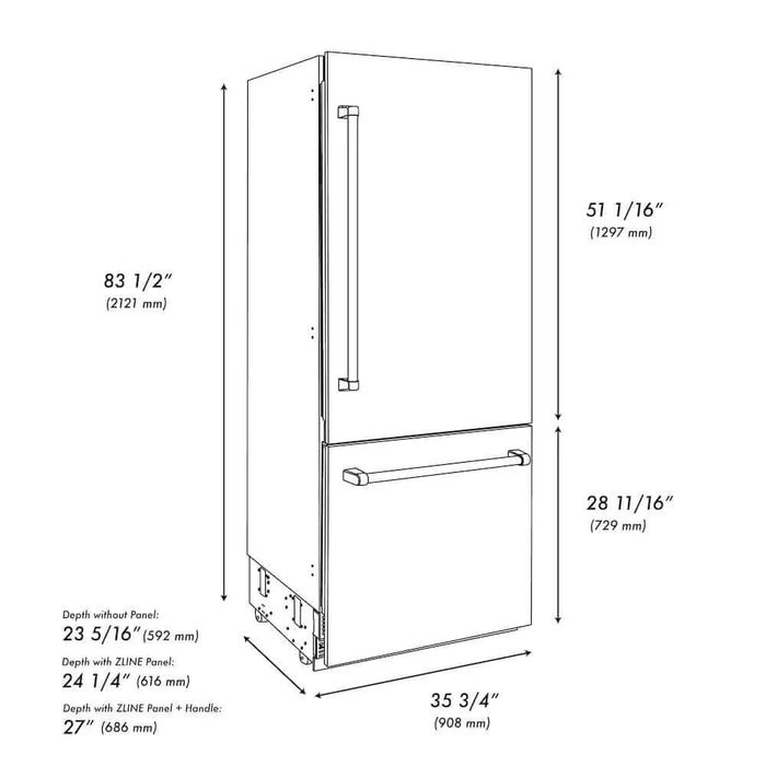 ZLINE 36" Built-In Bottom Freezer Refrigerator,Water Dispenser, Ice Maker, DuraSnow® Stainless Steel Graphite Gray Polished Gold GRBITZ-SN-36-G09K