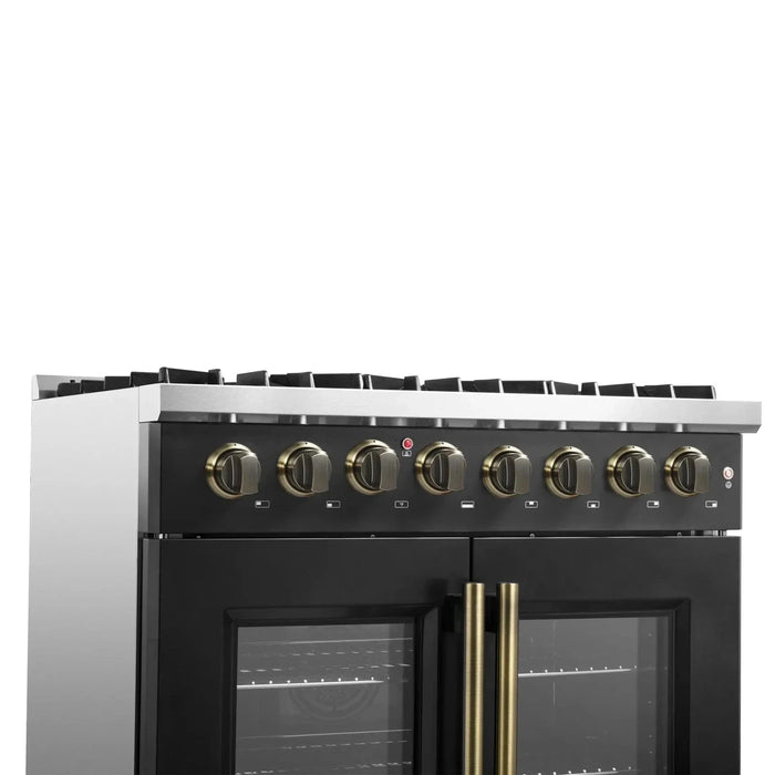 Forno Galiano 36"French DoorDual Fuel Range, Gas Stove, Electric Oven Black, Antique Brass Trim, FFSGS6356-36BLK09K