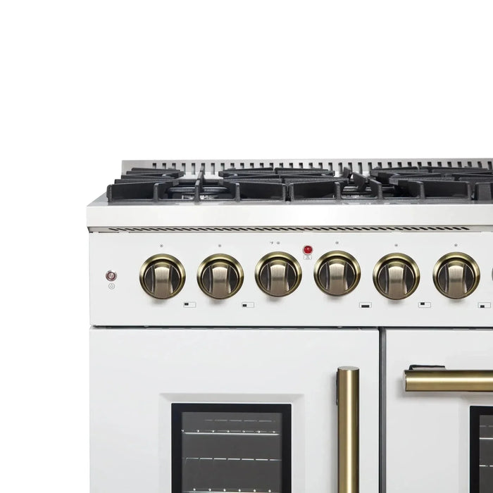 Forno Galiano 48" French Door Dual Fuel Range, 8 Burners, Electric Convection Oven, White Antique Brass Trim, FFSGS6356-48WHT09K