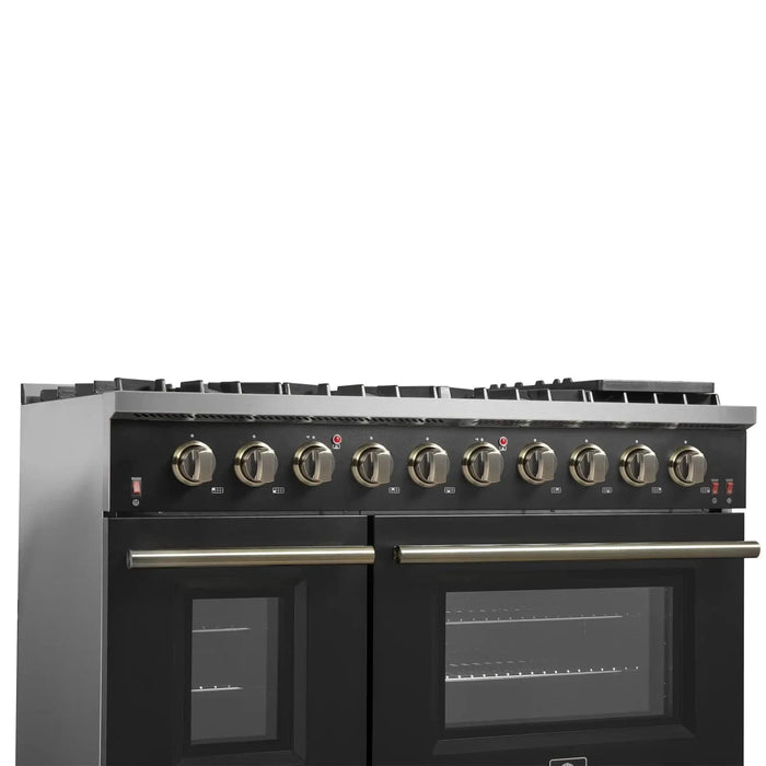 Forno Galiano 48"French Door Freestanding All Gas Range, Black with Antique Brass Trim, FFSGS6444-48BLK09K