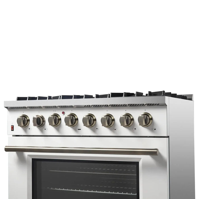 Forno Galiano Gold Professional - 36"Freestanding Dual Fuel Range Gas Stove, Electric Oven White, Antique Brass Trim, FFSGS6156-36WHT09K