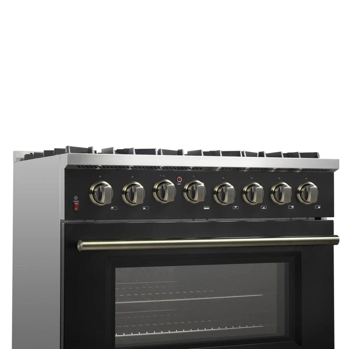 Forno Galiano Gold Professional - 36"Freestanding Dual Fuel Range Gas Stove, Electric Oven Black, Antique Brass Trim, FFSGS6156-36BLK09K