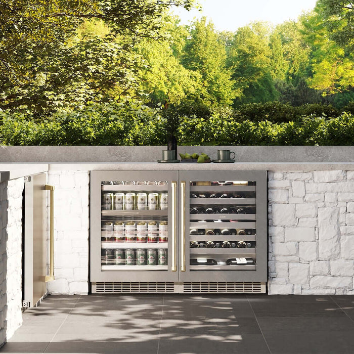 ZLINE 24" Touchstone 151 Can Beverage Fridge DuraSnow® Stainless Steel Glass Door And Champagne Bronze Handle RBSOZ-SN-24-CB09K