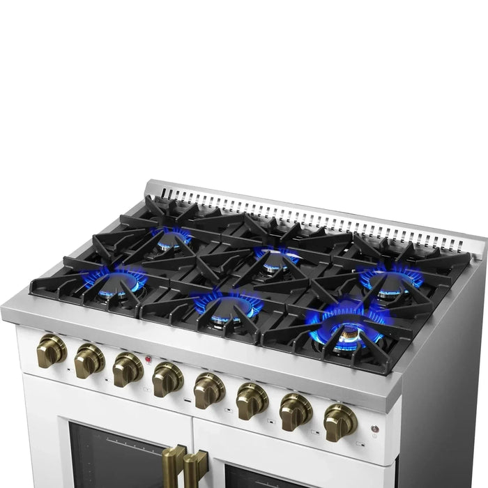 Forno Galiano 36"French DoorDual Fuel Range, Gas Stove, Electric Oven White, Antique Brass Trim, FFSGS6356-36WHT09K