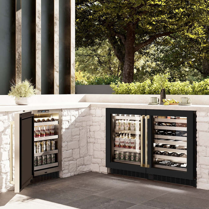 ZLINE 24" Touchstone Dual Zone 44 Bottle Wine Cooler Black Stainless Steel Glass Door Champagne Bronze Handle  RWDOZ-BS-24-CB09K