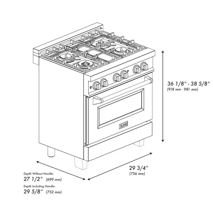 ZLINE 30" Dual Fuel Range, Snow Stainless, Snow Stainless Door, Griddle RAS-SN-GR-3009K