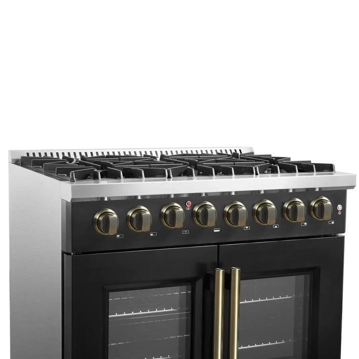Forno Galiano 36"French DoorDual Fuel Range, Gas Stove, Electric Oven Black, Antique Brass Trim, FFSGS6356-36BLK09K