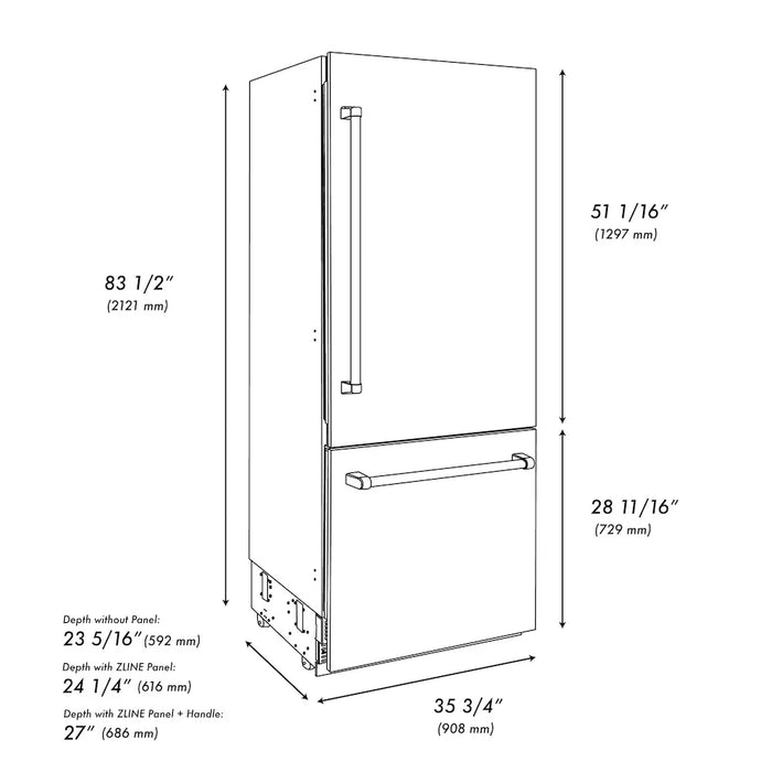 ZLINE Autograph Edition 36" Built-In Bottom Freezer Refrigerator, Water Dispenser, Ice Maker, Black Stainless Steel, Graphite Gray Interior,Helix Handles GRBITZ-BS36-KCB09K
