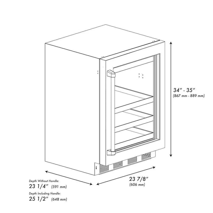 ZLINE 24" Touchstone 151 Can Beverage Fridge Black Matte Glass Door Gold RBSOZ-BLM-24-G09K