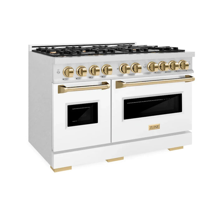 ZLINE 48" Classic Double Oven Dual Fuel Range, 8 Burner Gas Cooktop, Satin Stainless Steel, White Matte Doors, Accents CDRSZ-WM-48-CB09K