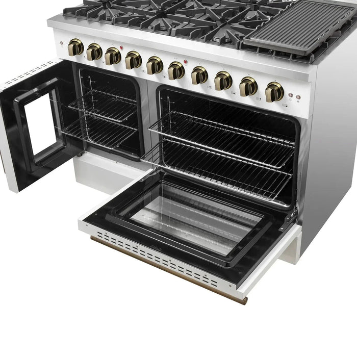 Forno Galiano 48"French Door Freestanding All Gas Range, White with Antique Brass Trim, FFSGS6444-48WHT09K
