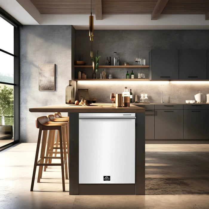 Forno Espresso Package - 30" Electric Range, Range Hood, Refrigerator and Dishwasher in White with Silver Handles, FBDL-006-03US09K