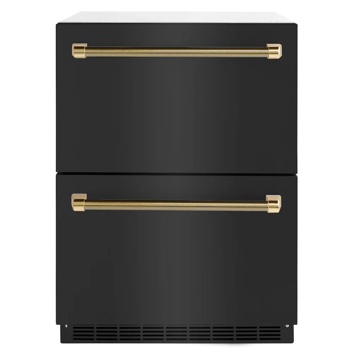 ZLINE Autograph Edition 24" Touchstone 168 Can Outdoor-Rated Dual Refrigerator Drawer, Black Stainless Steel Doors, Helix Handles RDSOZ-BS-24-KCB09K