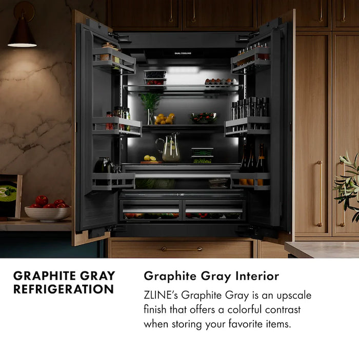 ZLINE Autograph Edition 30" Built-In Bottom Freezer Refrigerator, Water Dispenser, Ice Maker, Black Stainless Steel, Graphite Gray Interior,Helix Handles GRBIVZ-BS30KCB09K
