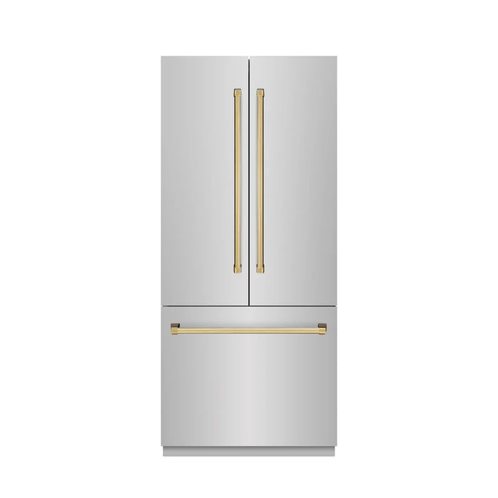 ZLINE 36" French Door Built-In Bottom Freezer Refrigerator, Water Dispenser, Ice Maker, Stainless Steel, Accents SRBIVZ-304-36CB09K