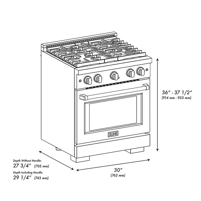 ZLINE 30" Paramount Gas Range, Convection Gas Oven, Black Satin Stainless Steel SGRBSZ-30-CB09K