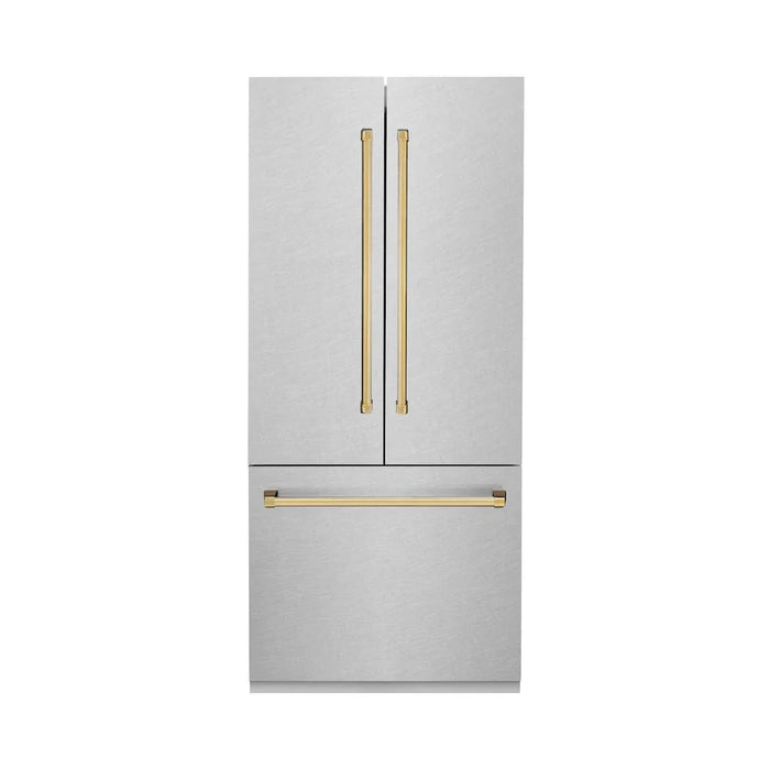ZLINE Autograph Edition 36" French Door Built-In Bottom Freezer Refrigerator, Water Dispenser, Ice Maker, Satin Stainless Steel, Accents RBIVZ-SN-36-CB09K