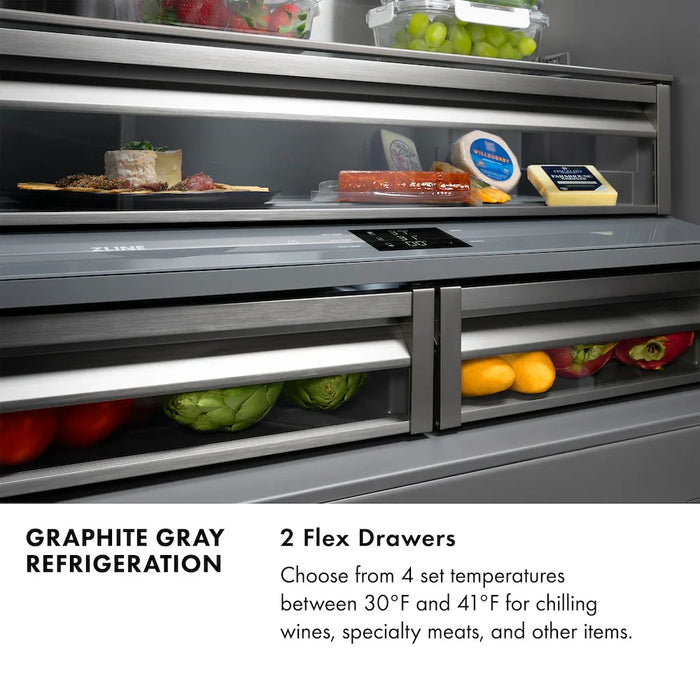 ZLINE Autograph Edition 36" French Door Built-In Bottom Freezer Refrigerator, Water Dispenser, Ice Maker, Black Stainless Steel, Graphite Gray Interior, Helix Handles GRBIVZ-BS36KCB09K