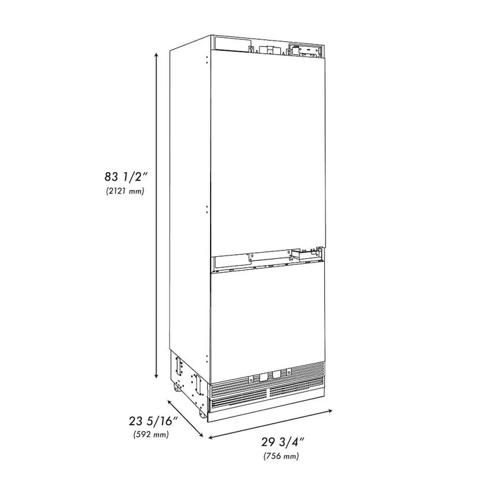 ZLINE 30" Panel Ready Built-In Bottom Freezer Refrigerator,Water Dispenser, Ice Maker,Graphite Gray, Champagne Bronze GRBIVZ-30-CB09K