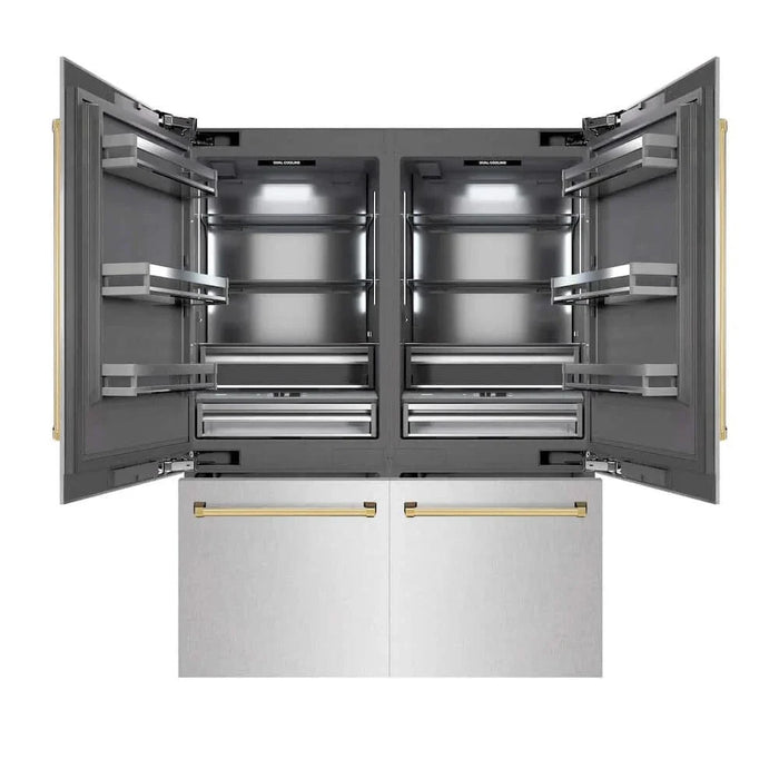 ZLINE 60" Built-In Bottom Freezer Refrigerator with Water Dispenser, Ice Maker, DuraSnow® Stainless Steel, Graphite Gray Interior, Polished Gold GRBIVZ-SN-60-G09K